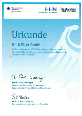 R + B Filter unterstützt Studierende der Fachhochschule Heilbronn mit einem monatlichen Beitrag.